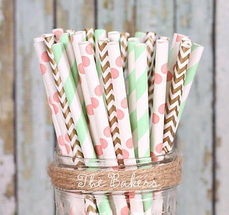 Pailles en papier rose corail vert menthe mint or chevrons pois.
