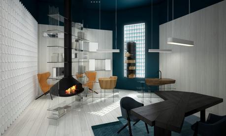 La cuisine-bibliothèque de Patrick Norguet. Une bibliothèque qui intègre une cheminée et un évier.