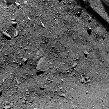 Le sol d’Algikia, sur Tchouri, photographié par Philae (ROLIS) le 12 novembre 2014 à 15h33mn58s TU à 9 m de la surface. La résolution est de 0,95 cm/pixel
