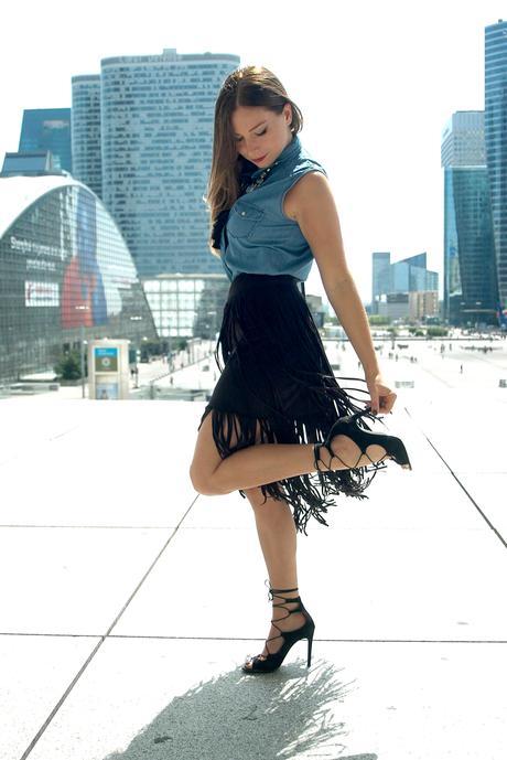 leather fringe skirt and lace up heels boho chic look