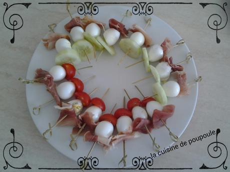 Brochettes oeufs de caille, jambon de parme et tomate cerise