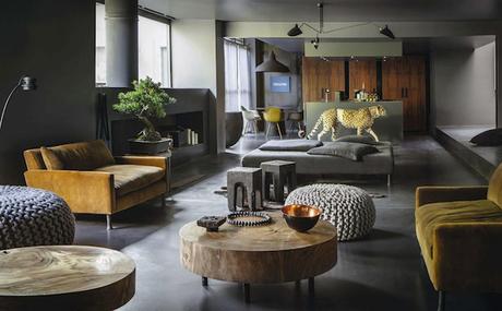 Ochre-velvet-sofas-Jan-Van-Eijck-poofs-Serge-Mouille-suspended-lamp-Eames-chairs-whats-not-to-love-about-this-great-mix-of-contemporary-and-Mid-Century-design-via-photographer-Ricardo-Labougle