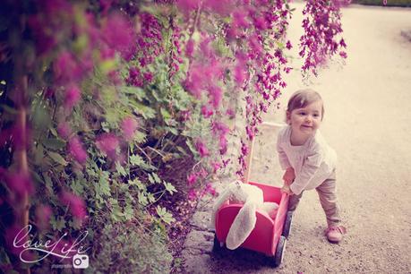 petite fille et fleurs mauves