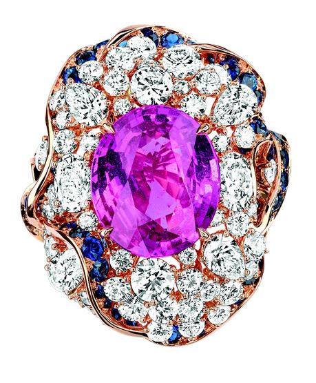 BAGUE GALON SAPHIR ROSE 750/1000e or rose, diamants,
saphir rose et saphirs