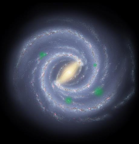 Sur ce schéma de notre galaxie, la Voie lactée, vue d’au-dessus, les taches vertes indiquent d’hypothétiques foyers où la vie pourrait essaimer. La détection de biosignatures regroupées dans certaines régions de la galaxie validerait le scénario d’une propagation de la vie d’une étoile à l’autre (panspermie)