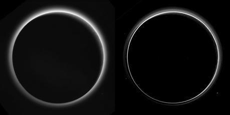 Deux vues différentes de l’atmosphère de Pluton, photographiées en contre-jour, à environ 770.000 km de sa surface, 16 heures après le survol de la planète naine. L’image de droite montre une multitude de couches de brumes qui n’avaient pas été observées auparavant. Moins retravaillée, l’image de gauche laisse entrevoir des reliefs sur le limbe de Pluton éclairés par le crépuscule -- Crédit photo : NASA, JHUAPL, SwRI