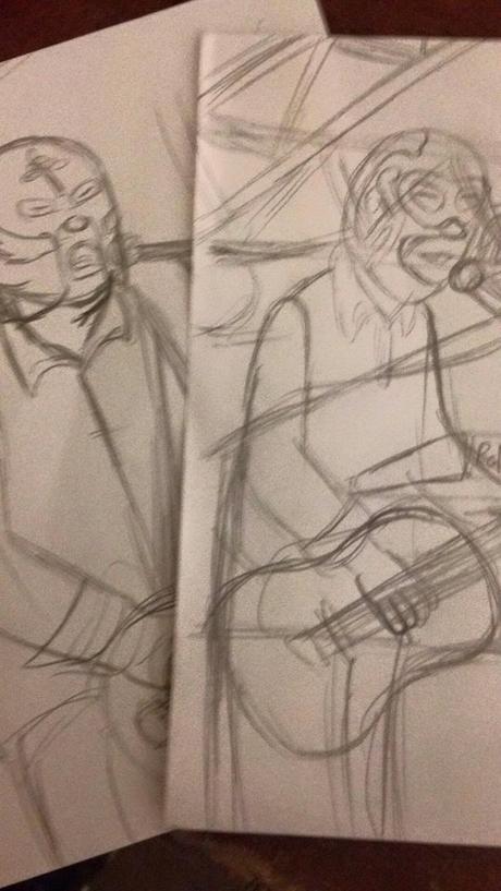 Croquis exécutés durant le tour de chant de La Lucha Libre et offerts aux intéressés. 