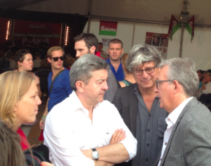 Jean-Luc Mélenchon et Pierre Laurent, sur le stand du PG à la fête de l'Huma (avec Danielle Simonnet et Eric Coquerel)