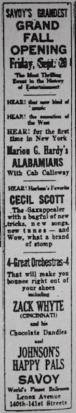 September 20, 1929: battle of bands Alabamians vs Cecil Scott at the Savoy Ballroom