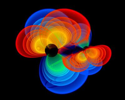 Computer simulation showing two black holes that are merging