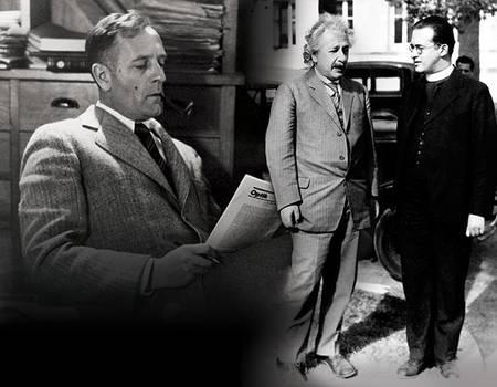 À gauche, Edwin Hubble, le découvreur de l'expansion de l'univers et, à droite, Albert Einstein avec l'abbé Lemaître. Il est juste de dire que Georges Lemaître a complètement dominé la cosmologie relativiste à ses débuts, anticipant bien des aspects du modèle standard actuel avec sa théorie de l'atome primitif, ses réflexions sur la constante cosmologique, la naissance des galaxies et la cosmologie quantique. © 2015, American Institute of Physics