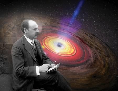 Karl Schwarzschild (1873-1916) était un brillant physicien et astrophysicien allemand. Il a trouvé la première solution exacte des équations relativiste du champ de gravitation décrivant une étoile simple, homogène, statique et à symétrie sphérique. Cette solution est à la base de la théorie moderne des trous noirs. On voit à l'arrière plan une image d'artiste d'un disque d'accrétion entourant un trou noir.