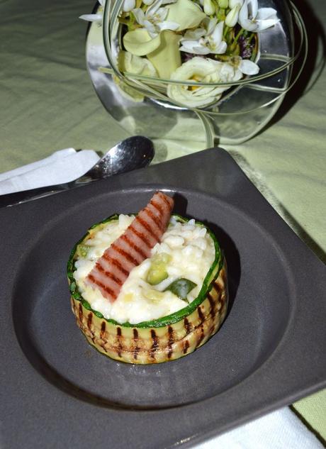 Risotto aux courgettes et chips de jambon
