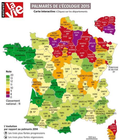 Carte de France 2015 de l'écologie: la Gironde en tête. La Charente Maritime est en 64e position du classement.