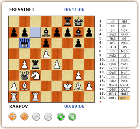 Ronde 12 du Trophée d'échecs Karpov 2015: le Français Laurent Fressinet avec les Noirs miniaturise le 12e champion d'échecs Anatoly Karpov en 19 coups - Photo © Capechecs
