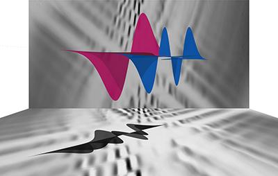 Graphic showing electrons tunnelling between the two wavefunctions