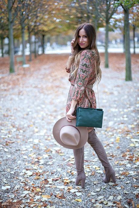casual outfit with boho dress and tall boots