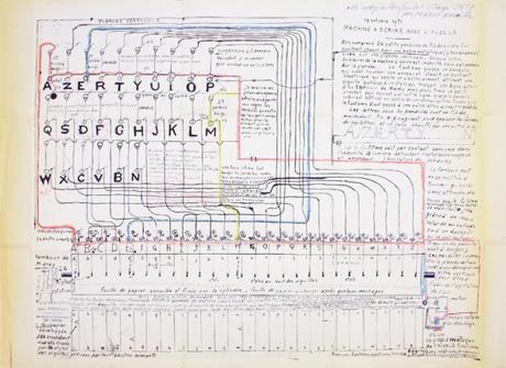 Jean Perdrizet, 1971, sans titre (machine à écrire avec l'au-delà). 54 x 65,7 cm, ronéotype, stylo à bille, feutre et crayons de couleur sur papier plié. N° inv.  1982