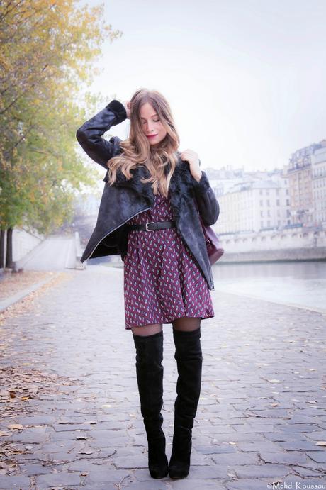 casual way to wear over the knees boots with boho dress and faux fur jacket