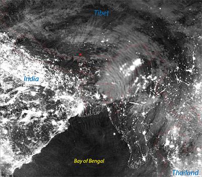 Concentric gravity waves, created by a thunderstorm, seen above Bangladesh