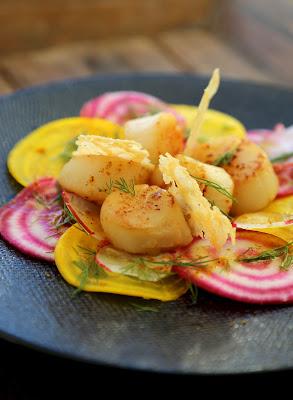 Saint Jacques, betteraves crues chioggia , curry , roellinger , tuile parmesan 