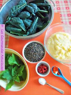 Médaillons de Polenta accompagnés de Chou aux orties et de lentilles (Vegan)