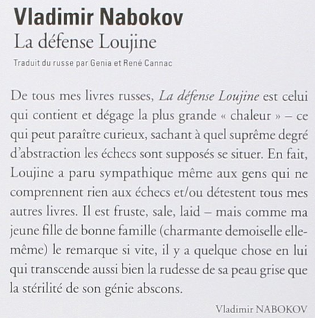 La quatrième de couverture de la défense Loujine de Vladimir Nabokov 