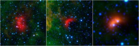 Les arcs de choc sont à la proue d’étoiles massives en fuite. La matière comprimée luit dans l’infrarouge (ici en rouge) et a pu être identifiée dans les données de Spitzer et Wise. Sur l’image de Wise, à droite, deux étoiles en cavale sont précédées d’arcs de choc -- Crédit : Nasa, JPL-Caltech, University of Wyoming