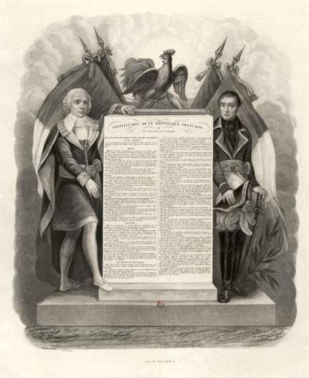 Gravure de Bernard montrant la Déclaration des droits et des devoirs de l'homme et du citoyen de 1795, préambule à la Constitution de l'an III qui fonde le Directoire (BNF) 