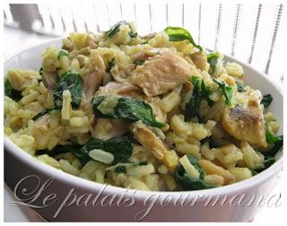 Riz au poulet, champignons et épinards