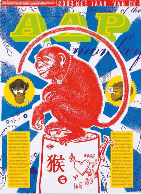 Studio Boot, affiche d’astrologie chinoise pour l’année du singe, projet personnel, direction artistique et réalisation graphique. Edwin Vollebergh, 2004. © Studio Boot, Pays-Bas 