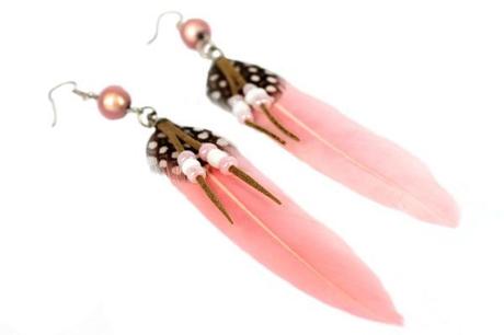 boucles oreilles argent plumes perles rose
