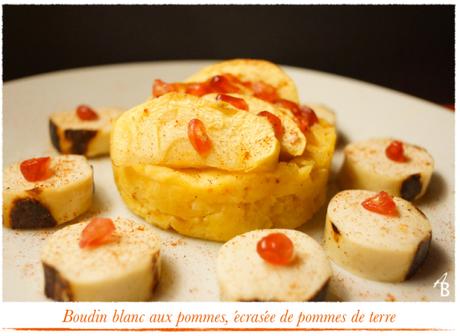Boudin blanc aux pommes sautées, écrasée de pommes terre et grenade