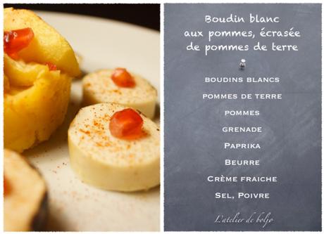 Boudin blanc aux pommes sautées, écrasée de pommes terre et grenade