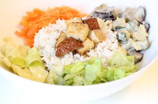 assiette riz tofu carotte salade poireau