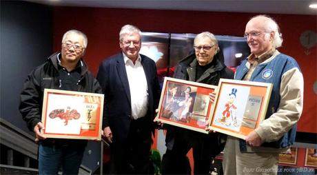 Séance photo avec les 3 maîtres: Don Rosa, Milo Manara et Katsuhiro Otomo aux côtés de Jacques Glénat