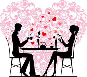 Silhouette of a couple sitting and talking at cafe, vector images scale to any size