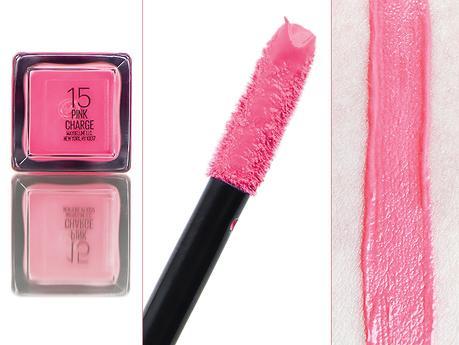 Laque à lèvres semi-mat Color Sensational Vivid Matte Liquid Lip Color Pink Charge de Maybelline : packaging, nom de la teinte, applicateur et swatch