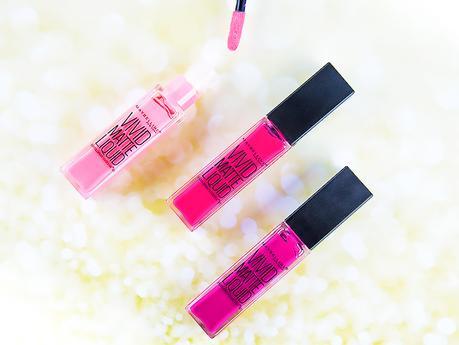 Laques à lèvres semi-mat Color Sensational Vivid Matte Liquid Lip Color Pink Charge, Fuschia Ecstasy et Berry Boost de Maybelline : packaging tube et applicateur