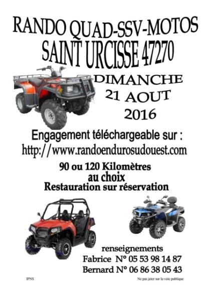 Rando motos, quads et SSV du Comité des fêtes de St Urcisse (47), le 21 août 2016