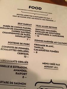 Little Red Door Bar Paris Carte menu Food