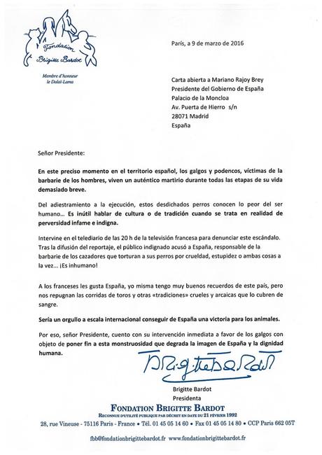Lettres de Brigitte Bardot dans le journal El Païs et au Chef du gouvernement Espagnol.