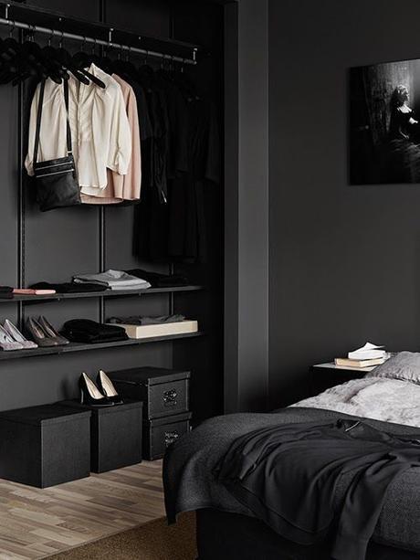 penderie ouverte noire dressing mur noir
