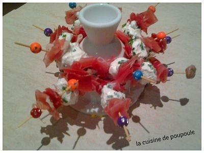 Brochettes chévres, jambon cru pour une apéro sans gluten