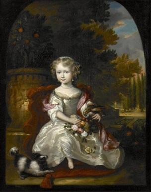 1670-90 Aleijda Wolfsen (1648-1690), A portrait of a girl with a bouquet of flowers and a parrot resting on her arm