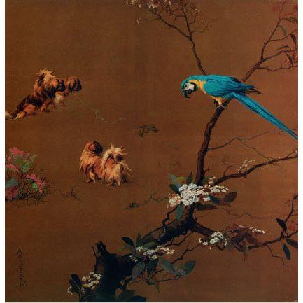 1923 Maud Earl Three Pekingese with a macaw, Kunsthandel