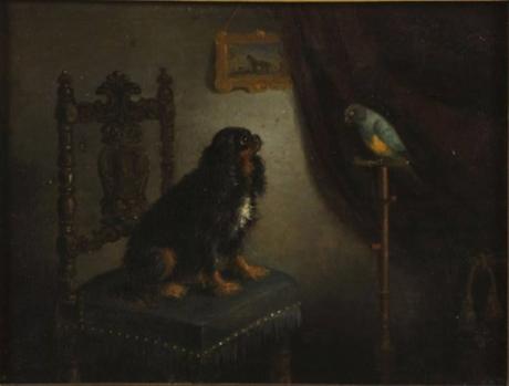 1860 ca Leopold de Cauwer (1830-1891), Cavalier King Charles et son perroquet
