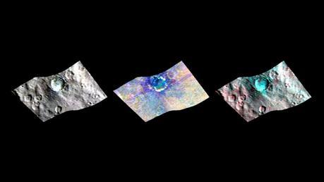 Le cratère Haulani (34 km de diamètre) dans le visible et l’infrarouge. La première, à gauche, indique les variations de luminosité. La seconde montre la minéralogie et la troisième dévoile les différences de température de cette région (plus froid en bleu et plus chaud en rouge) — Crédit : NASA, JPL-Caltech, UCLA, ASI, INAF