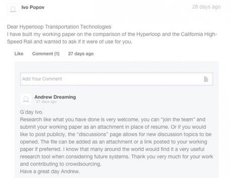 Hyperloop pense le modèle d’entreprise de demain Exemple d'interaction ayant eu lieu sur la plateforme JumpStartFund