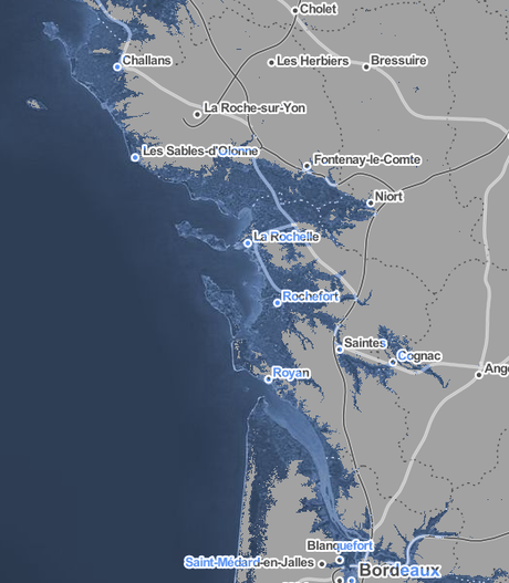 Littoral charentais et vendéen avec une hausse du niveau de la mer de plus de 15 -20 mètres. Doc. Climate Central.